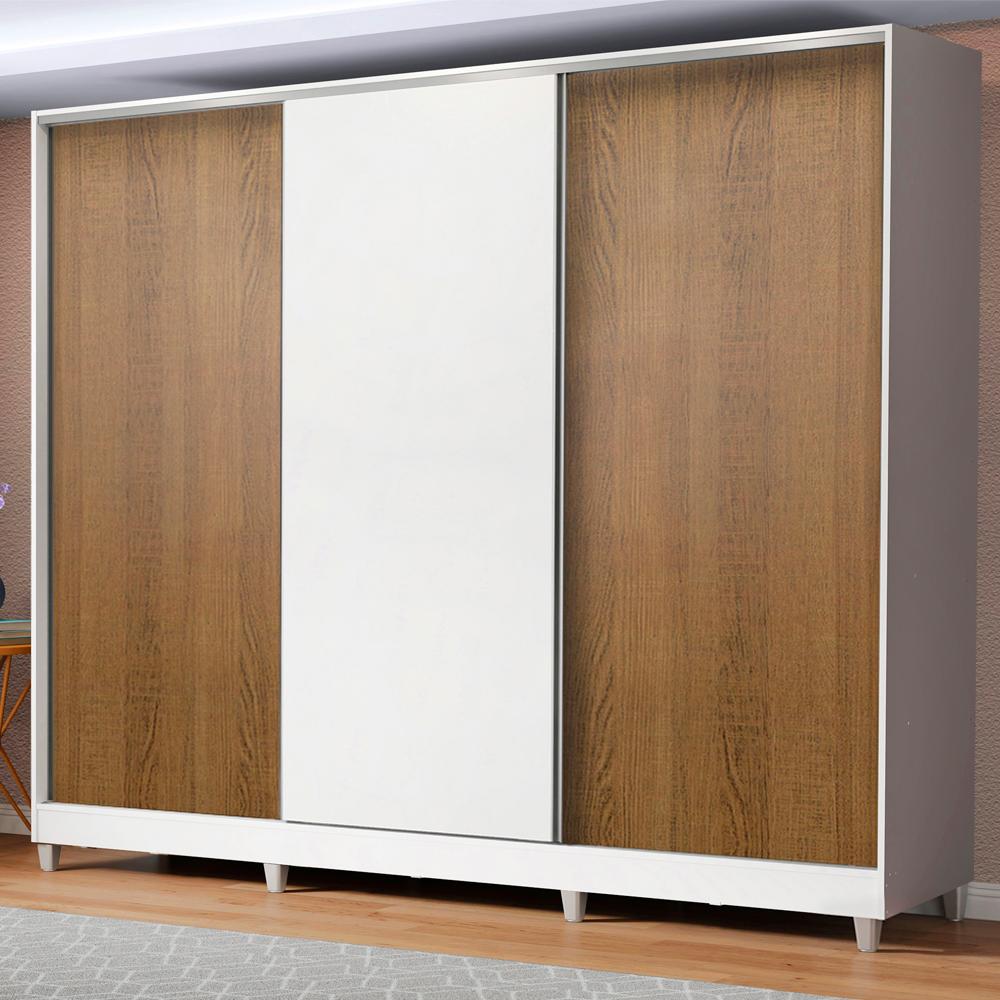 Guarda Roupa Infantil 100% MDF Madesa Logan 3 Portas de Correr com Pés - Branco/Rustic/Branco