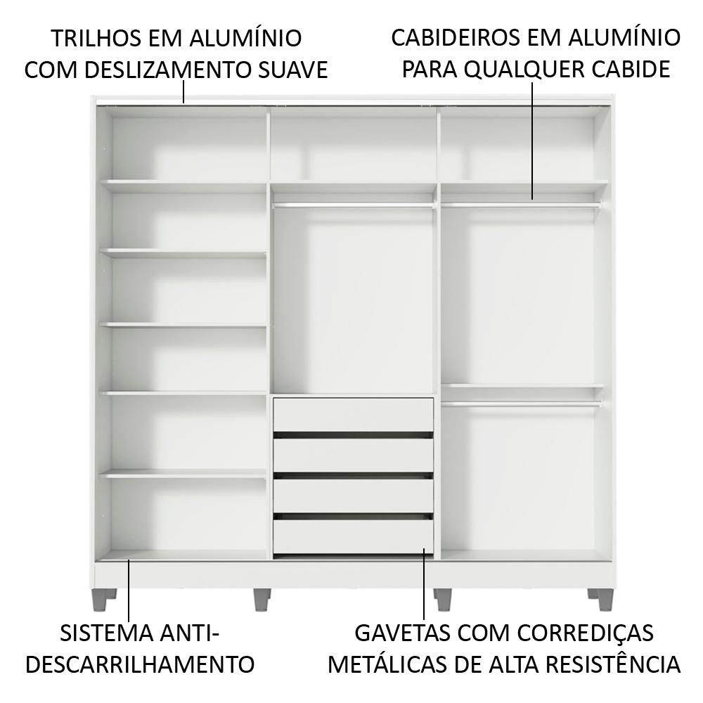 Guarda Roupa Infantil 100% MDF Madesa Logan 3 Portas de Correr com Pés - Branco/Rustic/Branco