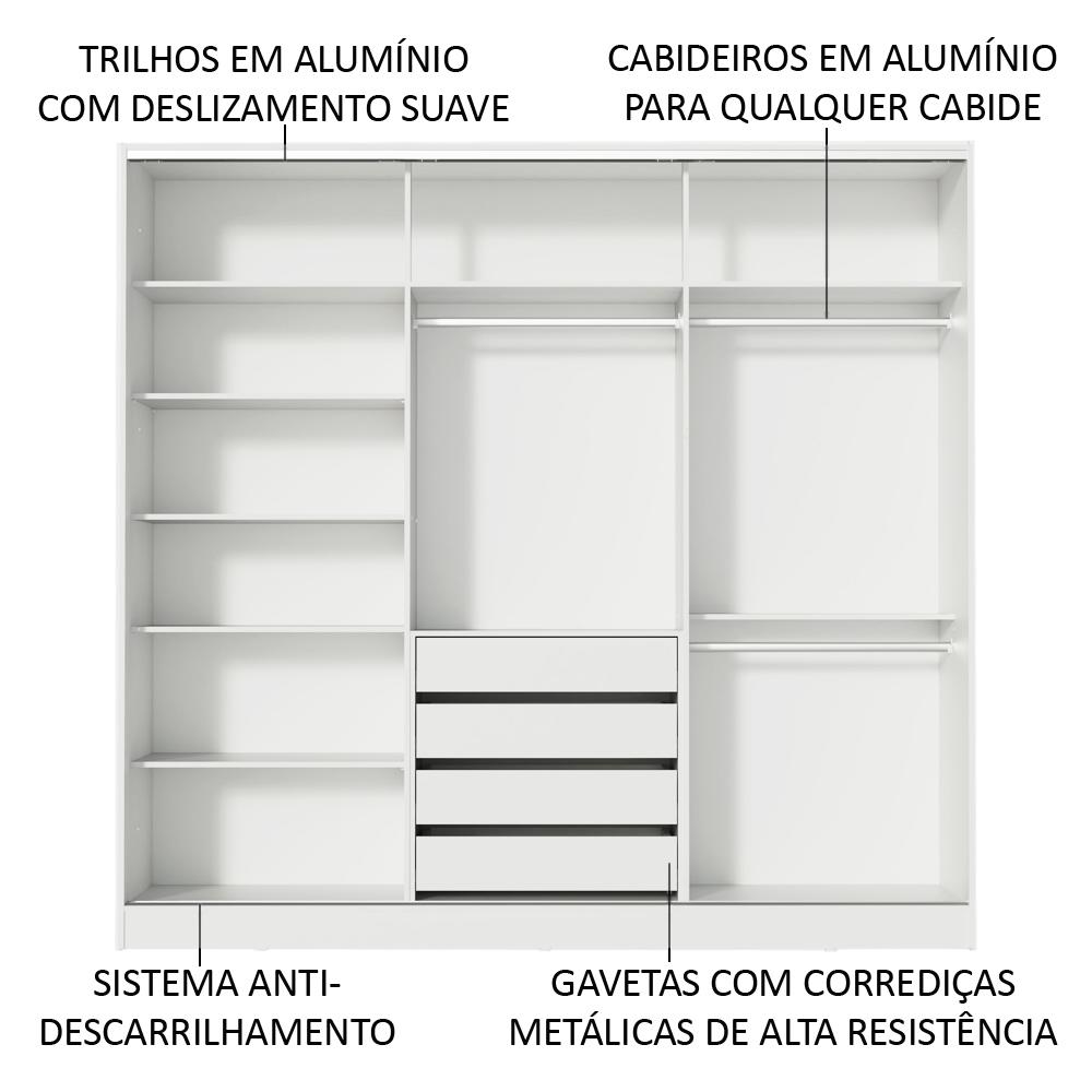 Guarda Roupa Juvenil 100% MDF Madesa Kevin 3 Portas de Correr com Espelho - Branco