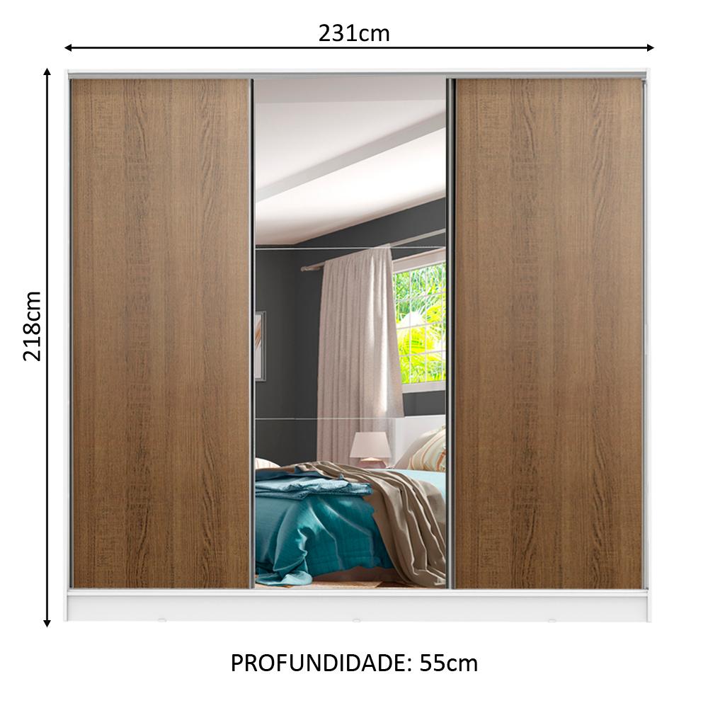 Guarda Roupa Juvenil 100% MDF Madesa Kevin 3 Portas de Correr com Espelho - Branco/Rustic
