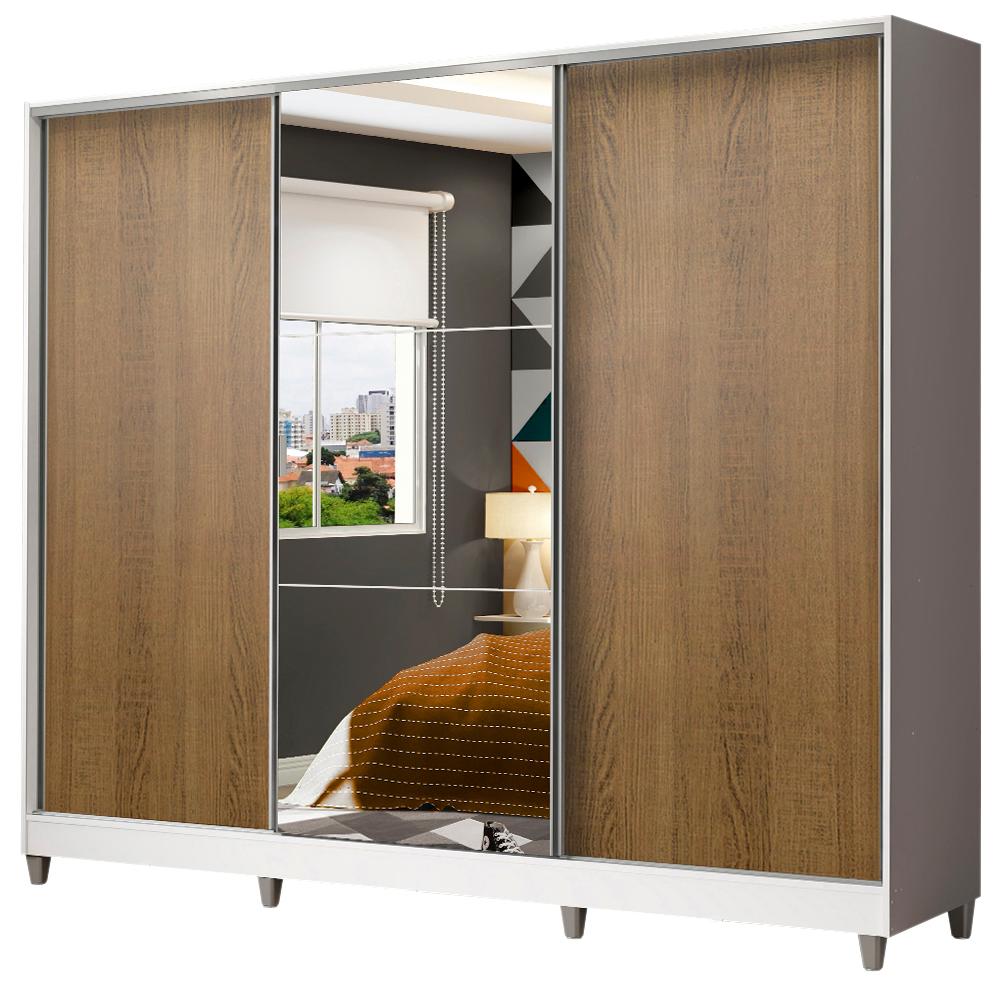 Guarda Roupa Juvenil 100% MDF Madesa Kevin 3 Portas de Correr com Espelho com Pés - Branco/Rustic