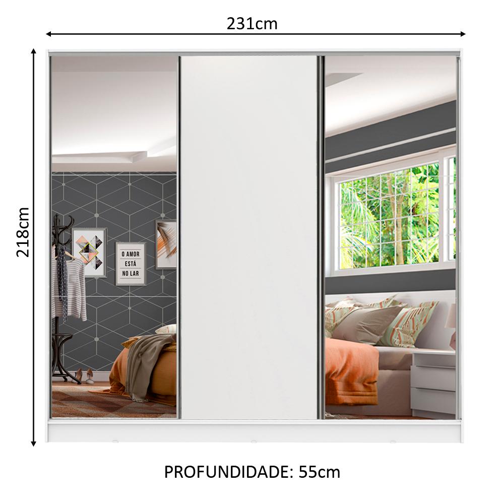 Guarda Roupa Juvenil 100% MDF Madesa Kevin 3 Portas de Correr com Espelhos - Branco
