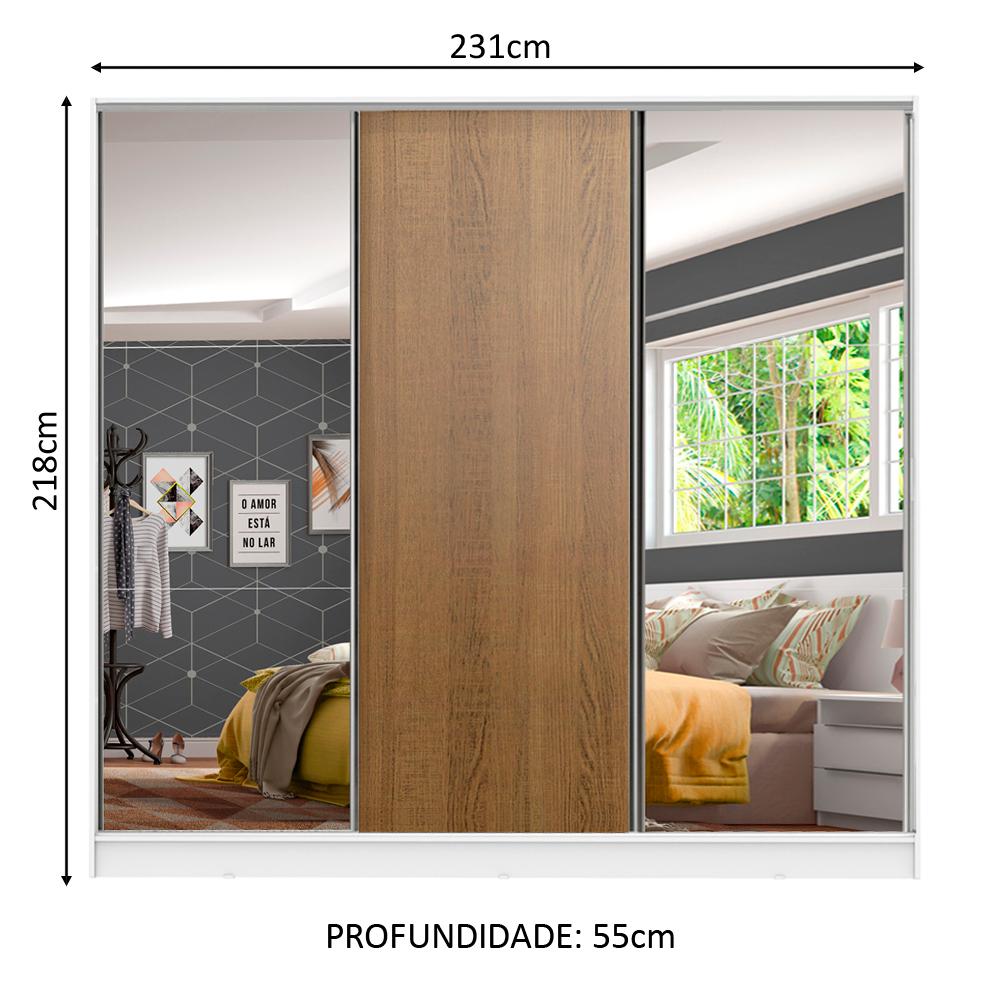 Guarda Roupa Juvenil 100% MDF Madesa Kevin 3 Portas de Correr com Espelhos - Branco/Rustic