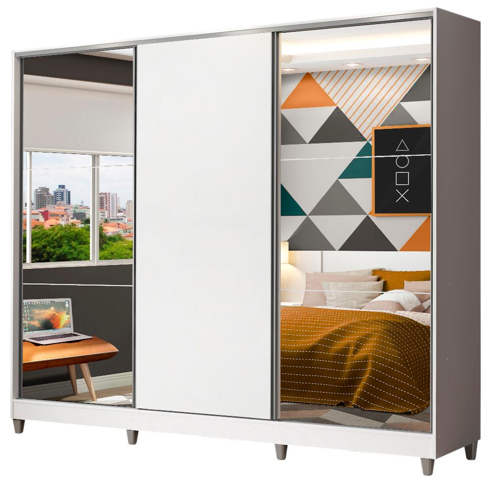 Guarda Roupa Juvenil 100% MDF Madesa Kevin 3 Portas de Correr com Espelhos com Pés - Branco