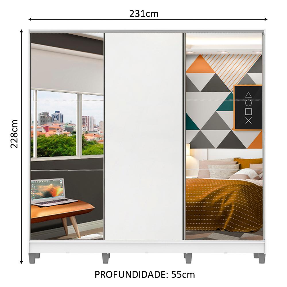 Guarda Roupa Juvenil 100% MDF Madesa Kevin 3 Portas de Correr com Espelhos com Pés - Branco