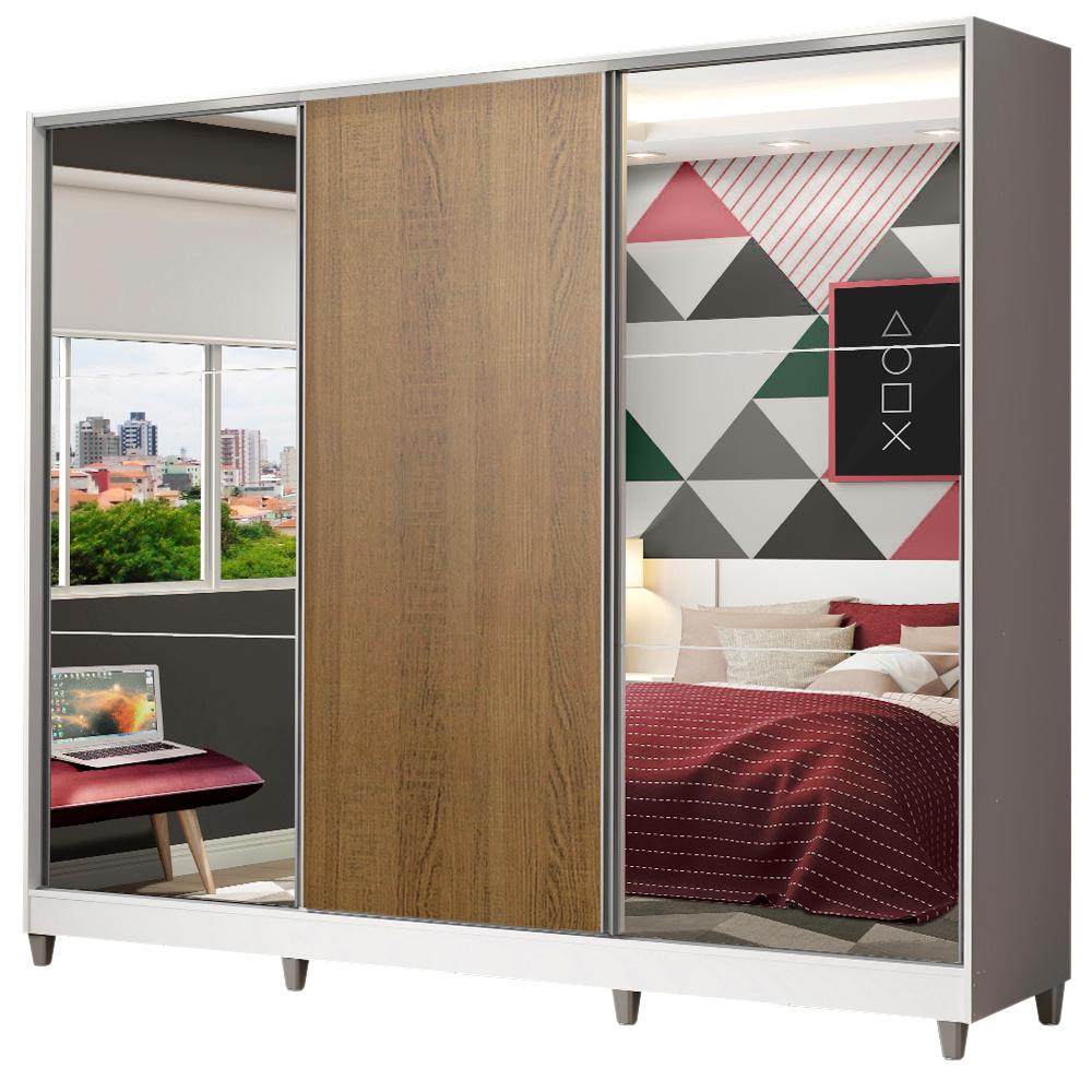 Guarda Roupa Juvenil 100% MDF Madesa Kevin 3 Portas de Correr com Espelhos com Pés - Branco/Rustic