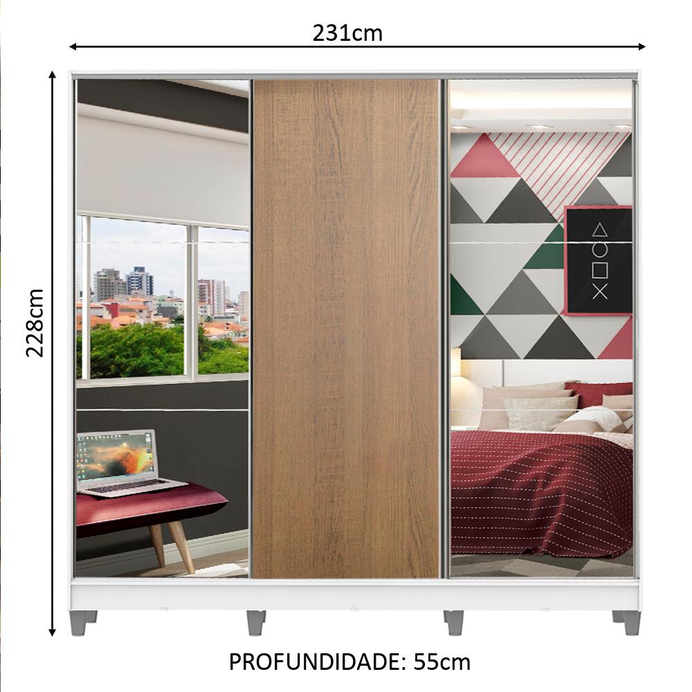 Guarda Roupa Juvenil 100% MDF Madesa Kevin 3 Portas de Correr com Espelhos com Pés - Branco/Rustic
