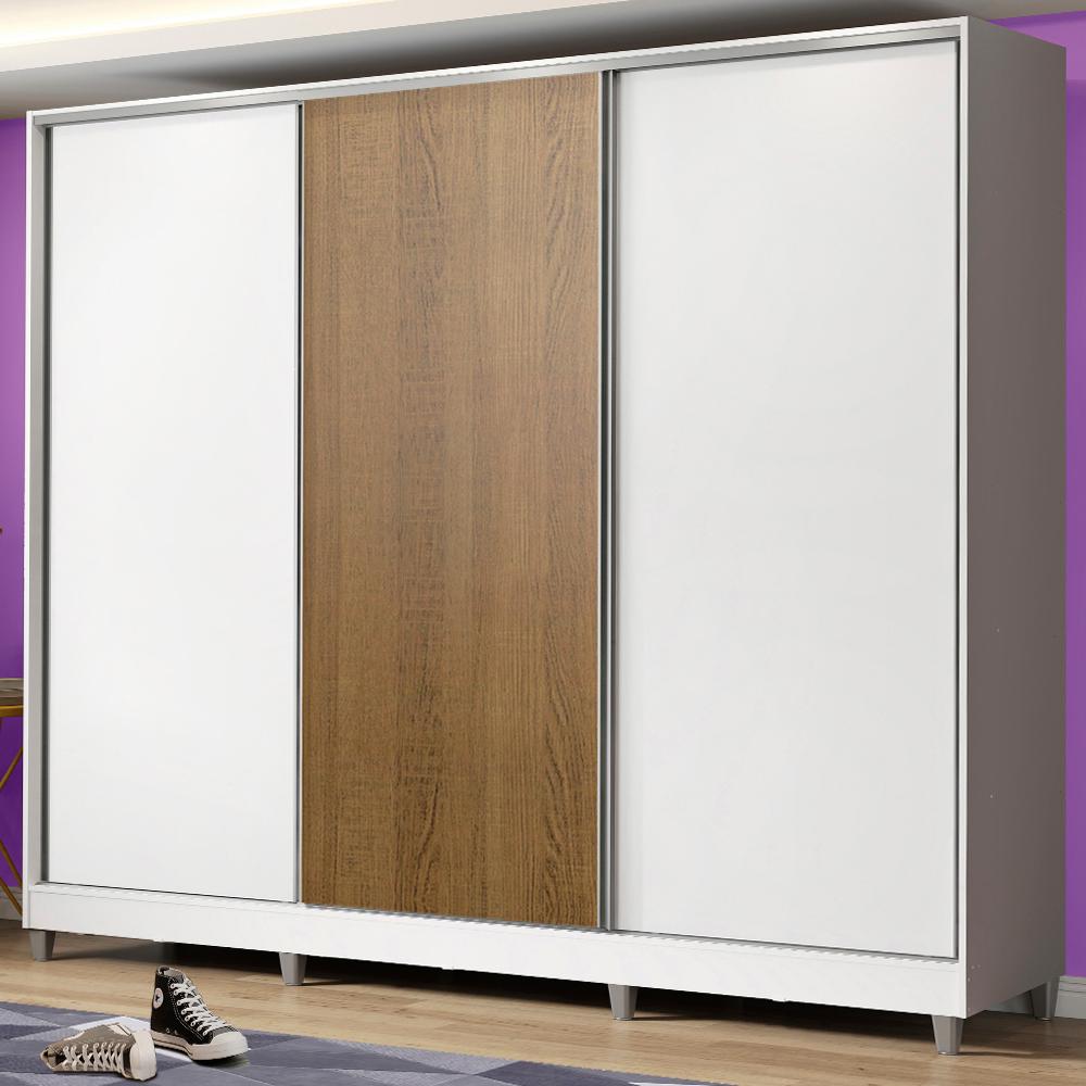 Guarda Roupa Juvenil 100% MDF Madesa Kevin 3 Portas de Correr com Pés - Branco/Branco/Rustic