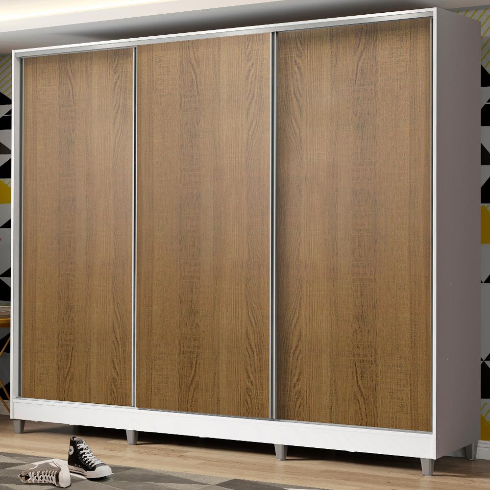 Guarda Roupa Juvenil 100% MDF Madesa Kevin 3 Portas de Correr com Pés - Branco/Rustic