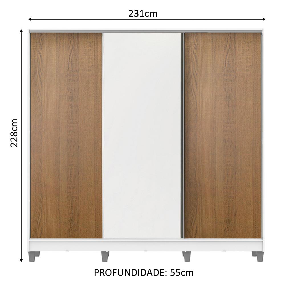 Guarda Roupa Juvenil 100% MDF Madesa Kevin 3 Portas de Correr com Pés - Branco/Rustic/Branco
