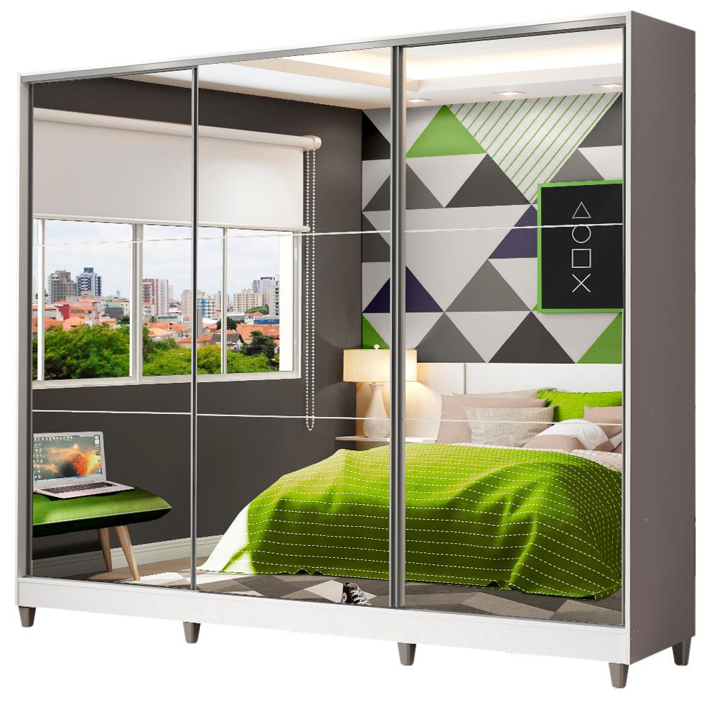 Guarda Roupa Juvenil 100% MDF Madesa Kevin 3 Portas de Correr de Espelho com Pés - Branco
