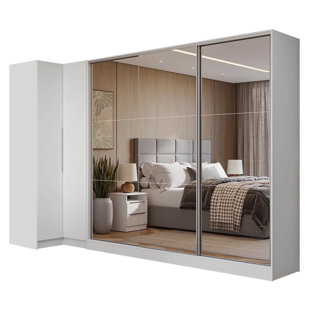 Guarda-Roupa Modulado Neo + Guarda-Roupa Royale 3 Portas de Correr de Espelho Branco Madesa