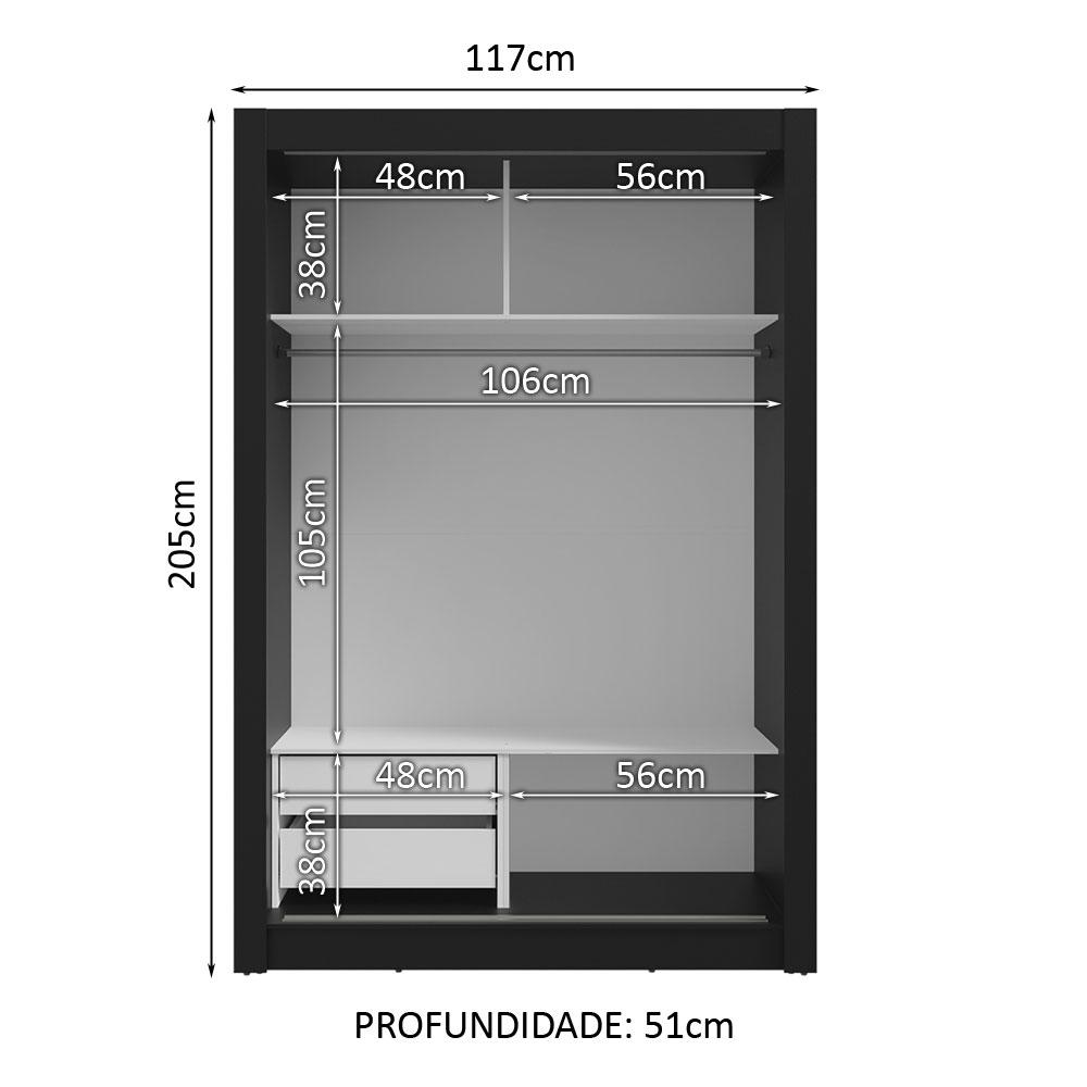 Guarda-Roupa Solteiro 2 Portas de Correr com Espelho 2 Gavetas Preto/Branco Vivare Madesa
