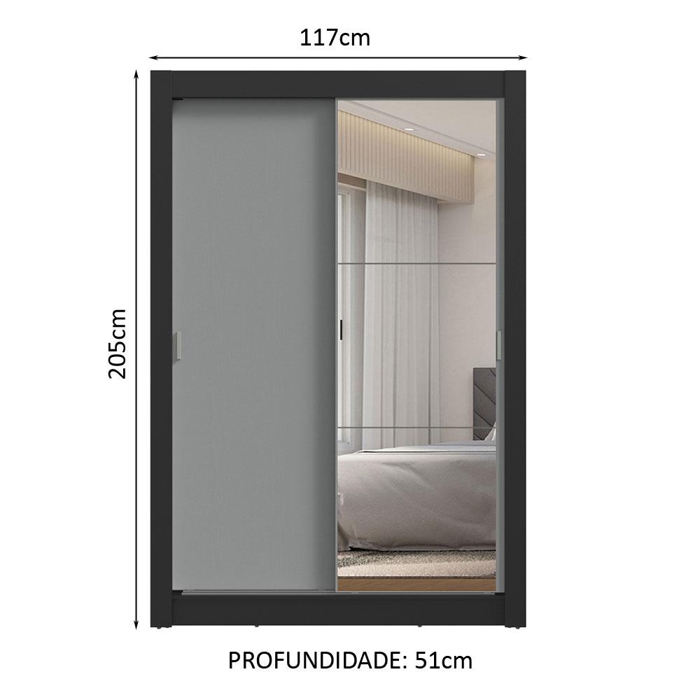 Guarda-Roupa Solteiro 2 Portas de Correr com Espelho 2 Gavetas Preto/Cinza Vivare Madesa