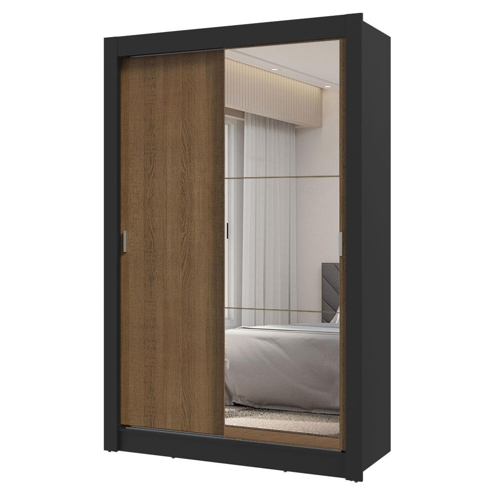 Guarda-Roupa Solteiro 2 Portas de Correr com Espelho 2 Gavetas Preto/Rustic Vivare Madesa