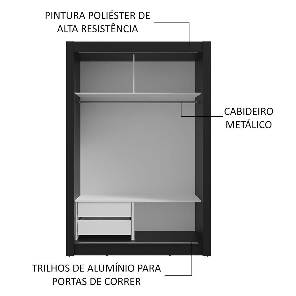Guarda-Roupa Solteiro 2 Portas de Correr com Espelho 2 Gavetas Preto/Rustic Vivare Madesa