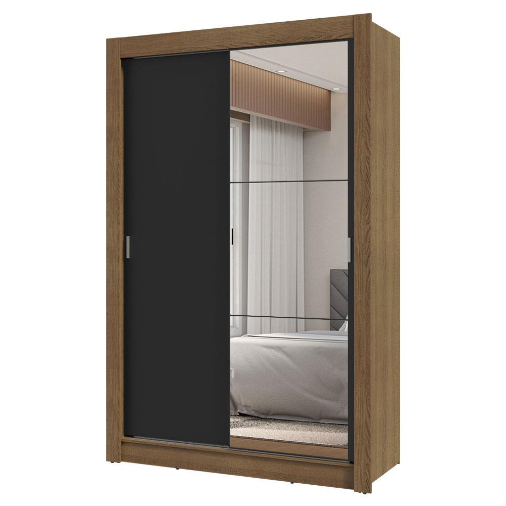 Guarda-Roupa Solteiro 2 Portas de Correr com Espelho 2 Gavetas Rustic/Preto Vivare Madesa