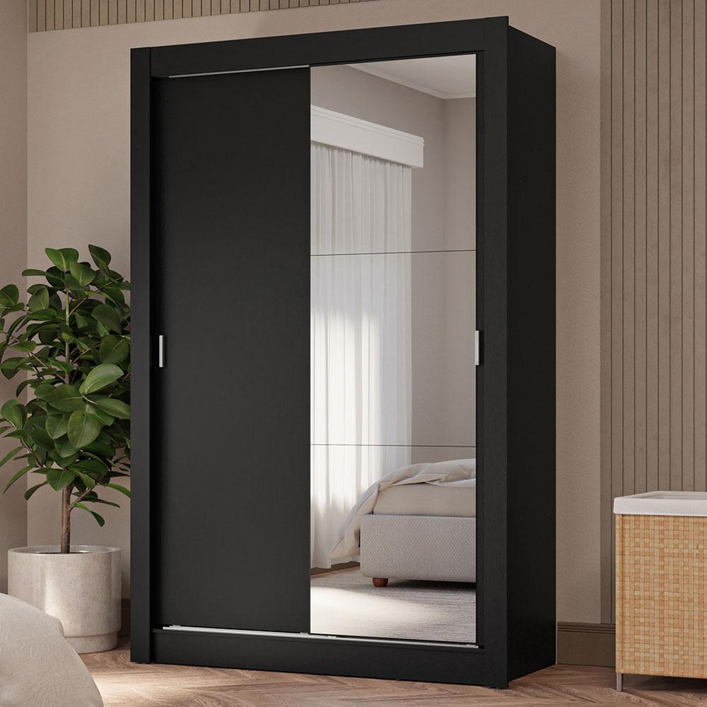 Guarda-Roupa Solteiro 2 Portas de Correr com Espelho 4 Gavetas Preto Vivare Plus Madesa