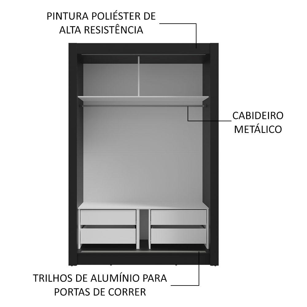Guarda-Roupa Solteiro 2 Portas de Correr com Espelho 4 Gavetas Preto/Branco Vivare Plus Madesa