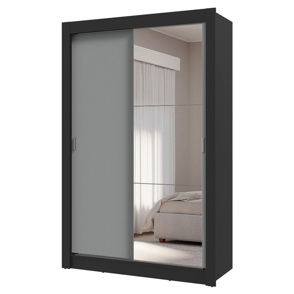 Guarda-Roupa Solteiro 2 Portas de Correr com Espelho 4 Gavetas Preto/Cinza Vivare Plus Madesa