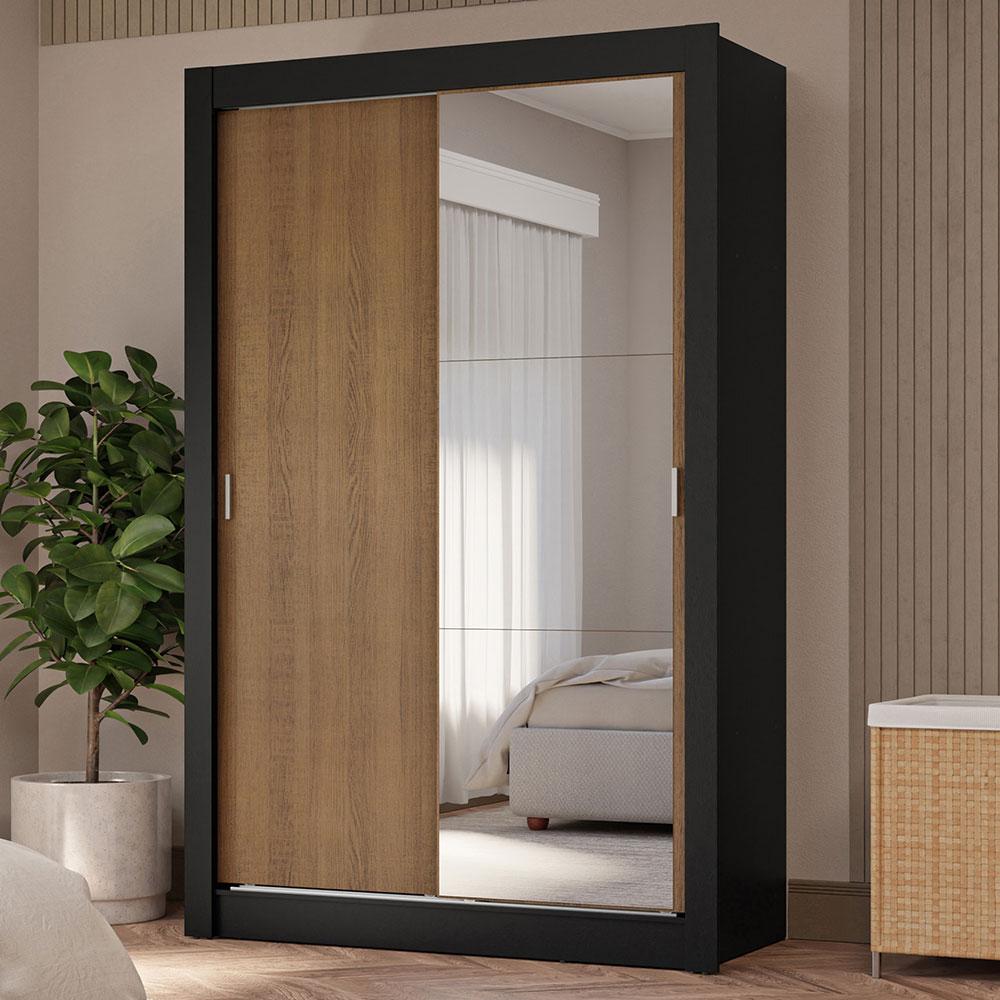 Guarda-Roupa Solteiro 2 Portas de Correr com Espelho 4 Gavetas Preto/Rustic Vivare Plus Madesa