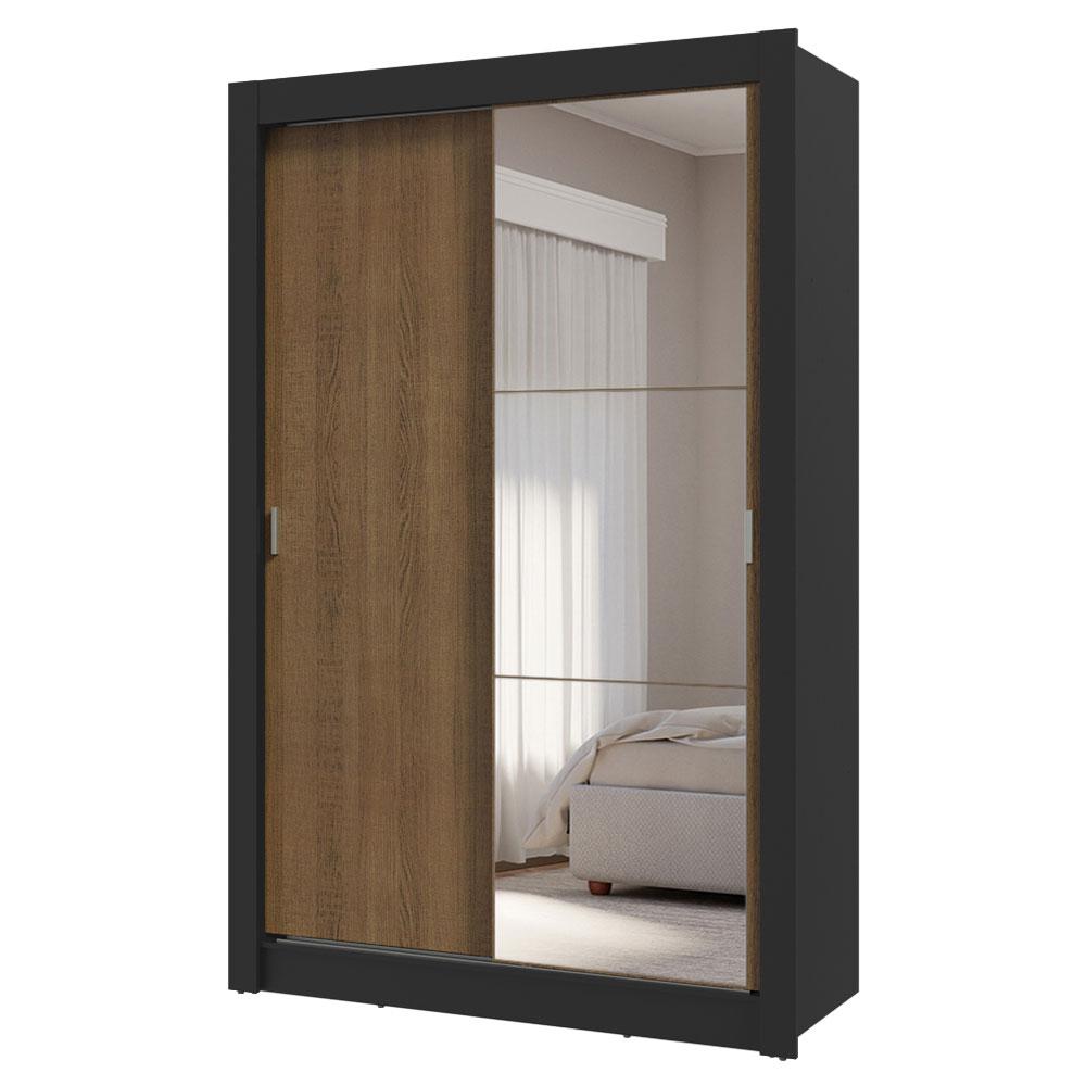 Guarda-Roupa Solteiro 2 Portas de Correr com Espelho 4 Gavetas Preto/Rustic Vivare Plus Madesa