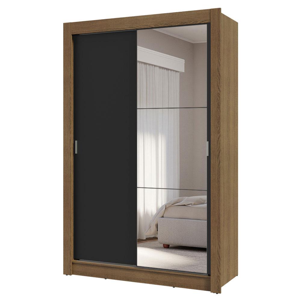 Guarda-Roupa Solteiro 2 Portas de Correr com Espelho 4 Gavetas Rustic/Preto Vivare Plus Madesa