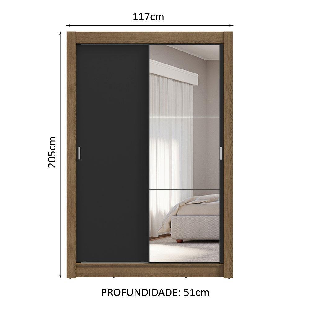 Guarda-Roupa Solteiro 2 Portas de Correr com Espelho 4 Gavetas Rustic/Preto Vivare Plus Madesa