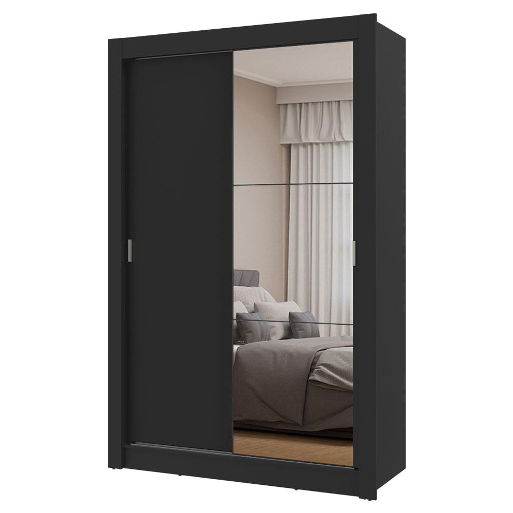 Guarda-Roupa Solteiro 2 Portas de Correr com Espelho Preto Milano Madesa