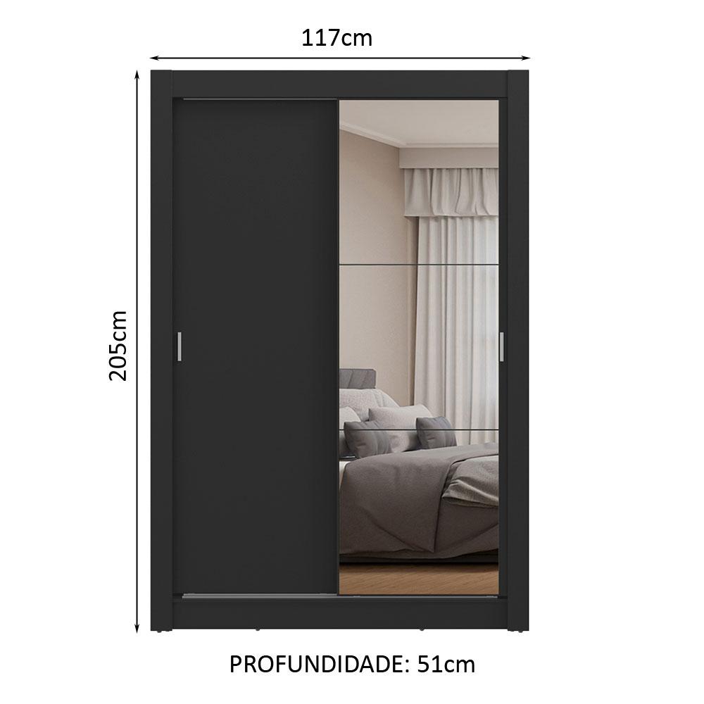 Guarda-Roupa Solteiro 2 Portas de Correr com Espelho Preto Milano Madesa