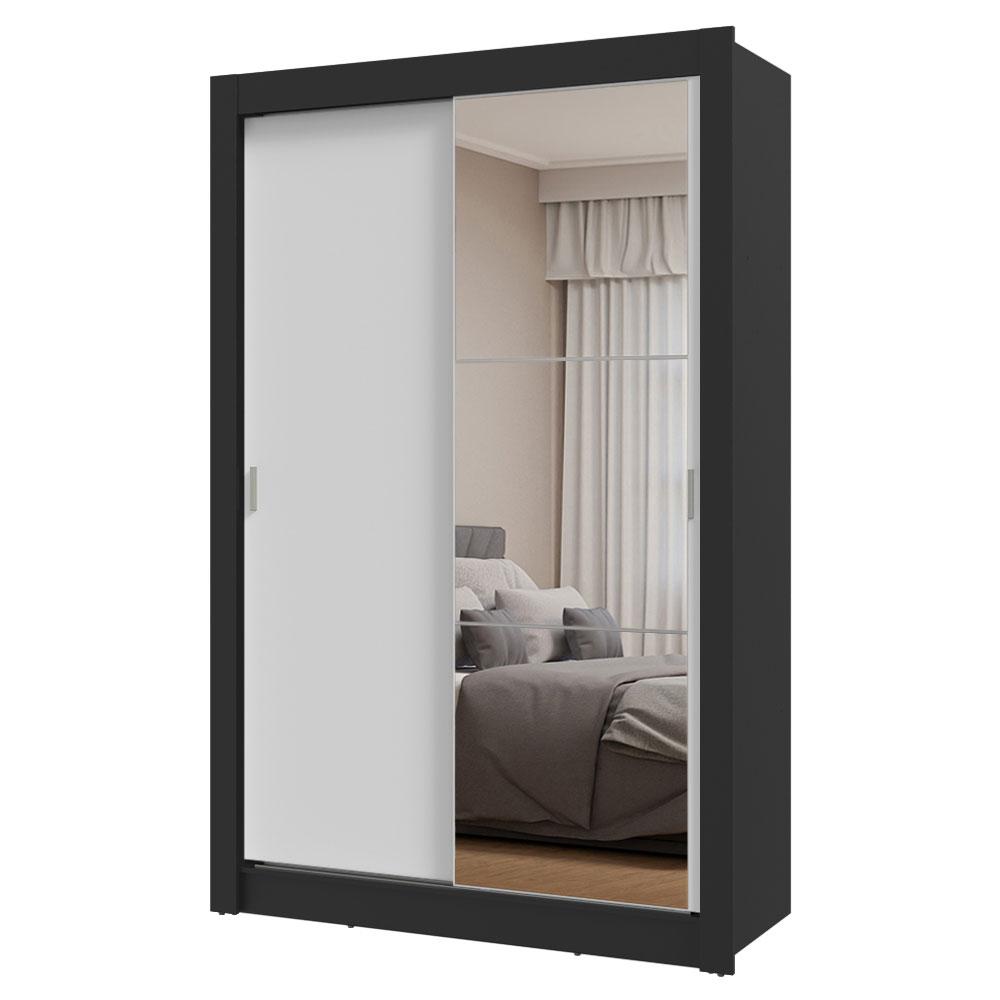 Guarda-Roupa Solteiro 2 Portas de Correr com Espelho Preto/Branco Milano Madesa