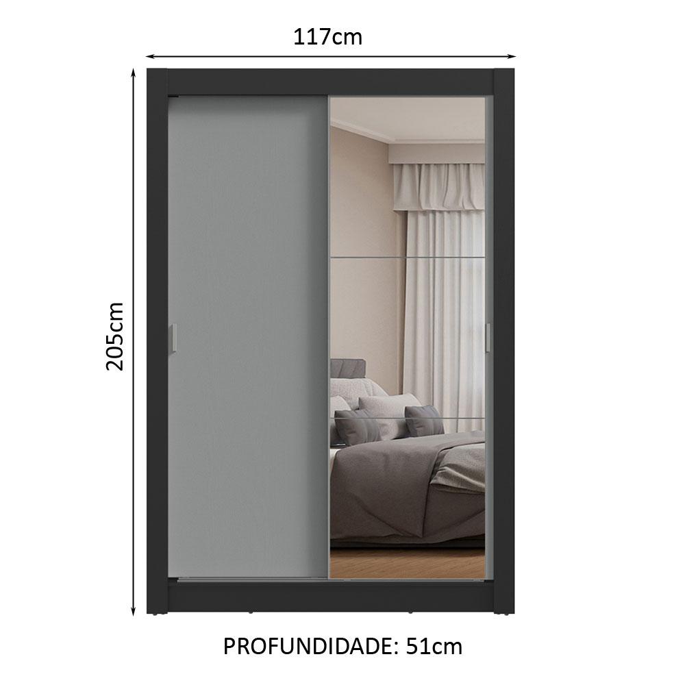 Guarda-Roupa Solteiro 2 Portas de Correr com Espelho Preto/Cinza Milano Madesa