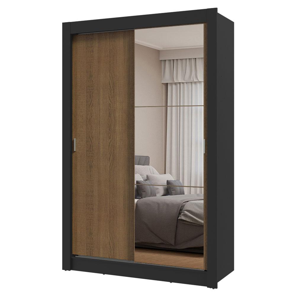 Guarda-Roupa Solteiro 2 Portas de Correr com Espelho Preto/Rustic Milano Madesa