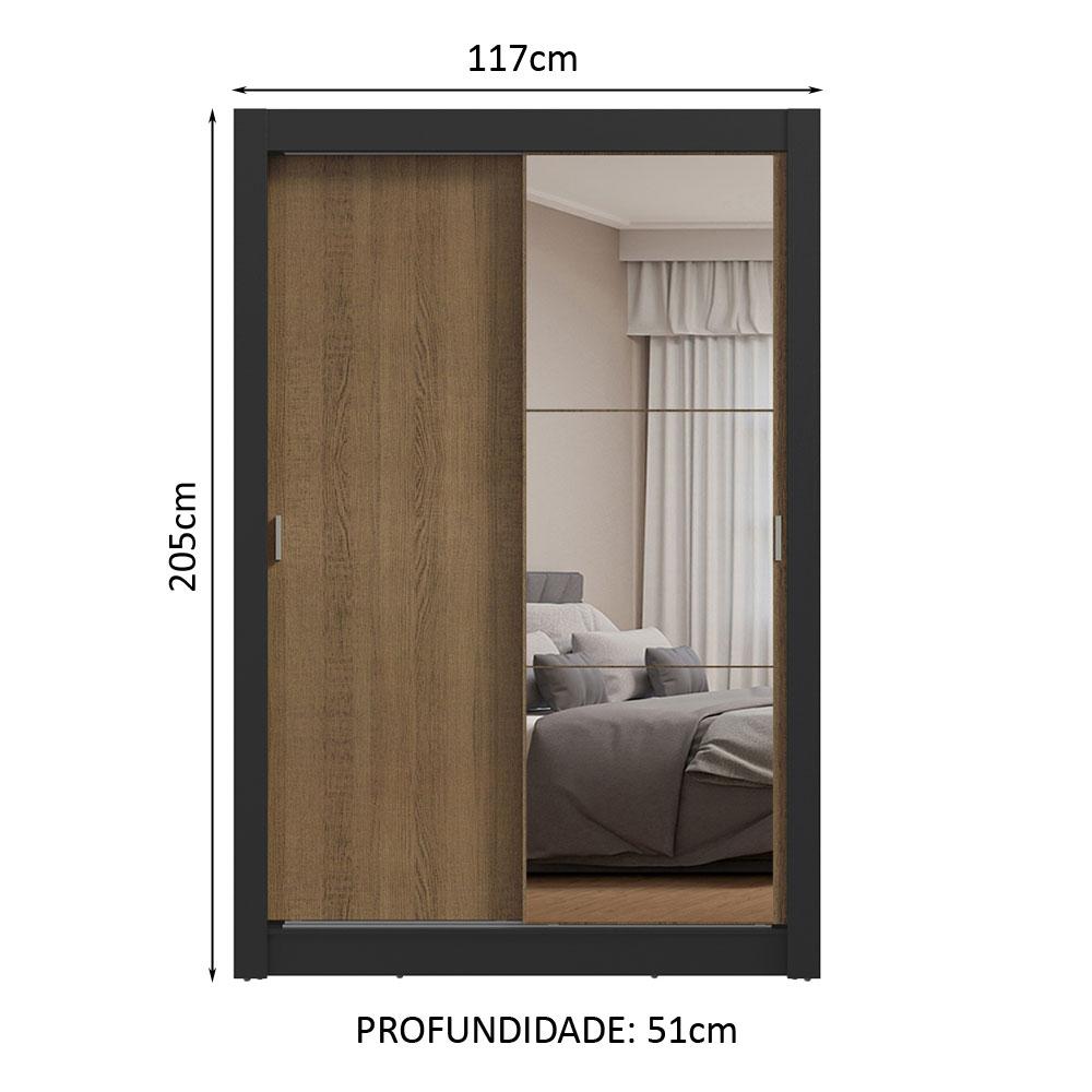 Guarda-Roupa Solteiro 2 Portas de Correr com Espelho Preto/Rustic Milano Madesa