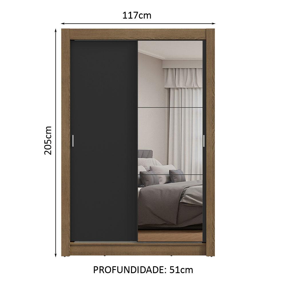 Guarda-Roupa Solteiro 2 Portas de Correr com Espelho Rustic/Preto Milano Madesa