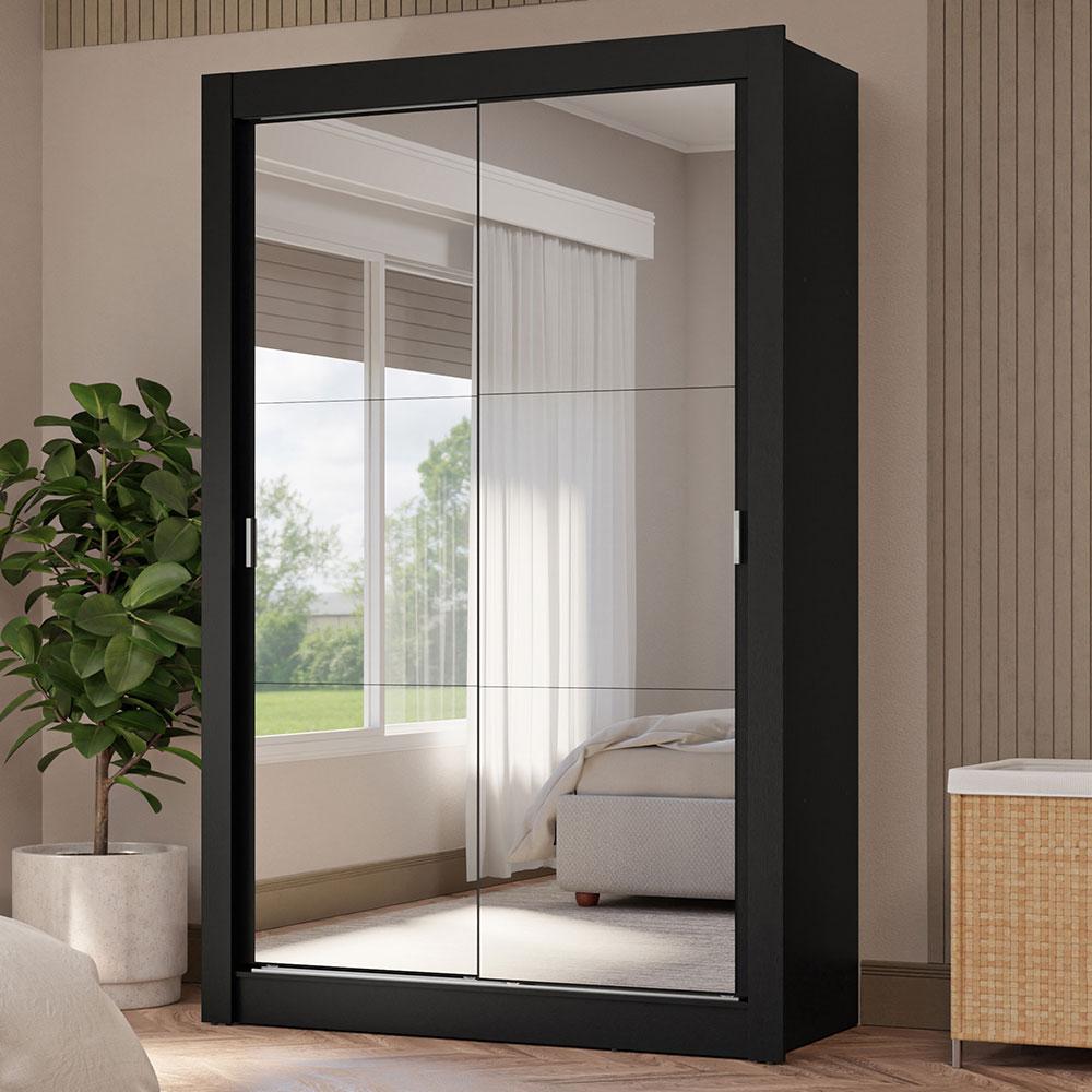 Guarda-Roupa Solteiro 2 Portas de Correr com Espelhos 4 Gavetas Preto Vivare Plus Madesa