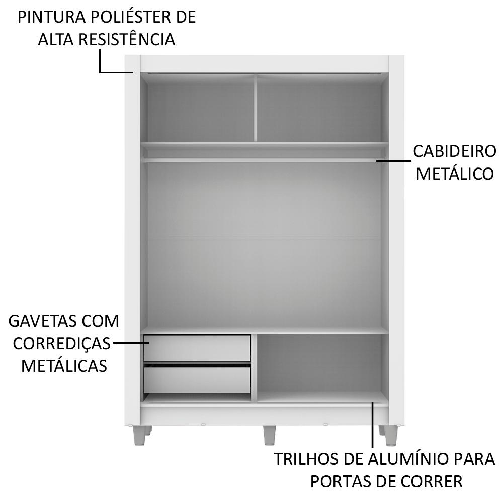 Guarda-Roupa Solteiro Madesa Dallas 2 Portas de Correr 2 Gavetas com Pés - Branco