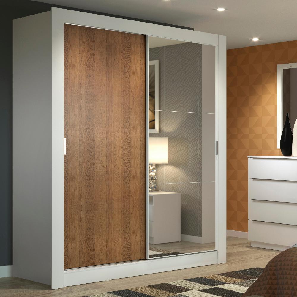 Guarda-Roupa Solteiro Madesa Dallas 2 Portas de Correr com Espelho 2 Gavetas - - Branco/Rustic