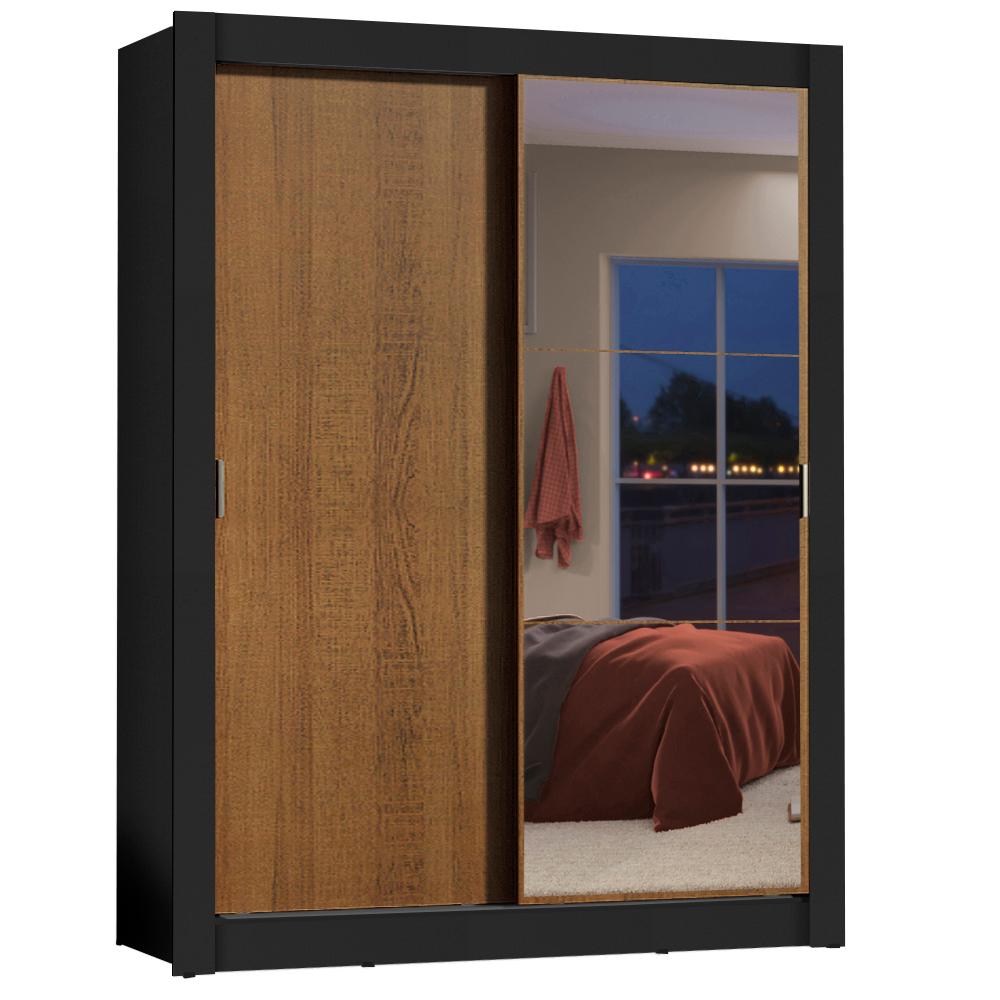 Guarda-Roupa Solteiro Madesa Dallas 2 Portas de Correr com Espelho 2 Gavetas - Preto/Rustic