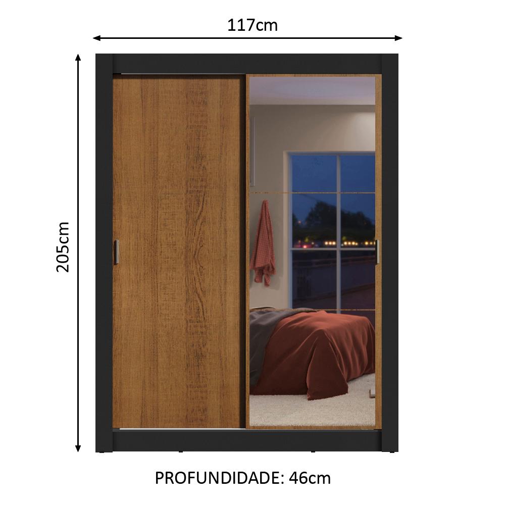 Guarda-Roupa Solteiro Madesa Dallas 2 Portas de Correr com Espelho 2 Gavetas - Preto/Rustic