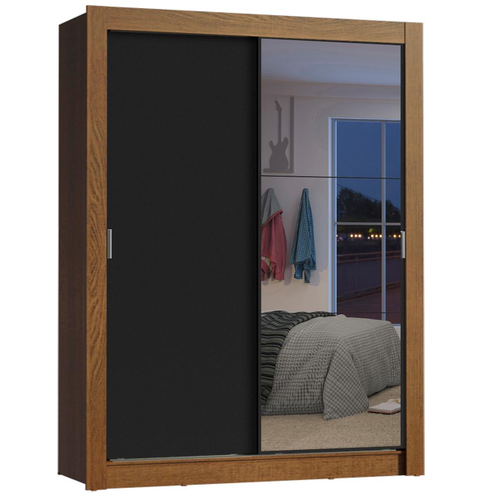 Guarda-Roupa Solteiro Madesa Dallas 2 Portas de Correr com Espelho 2 Gavetas - Rustic/Preto