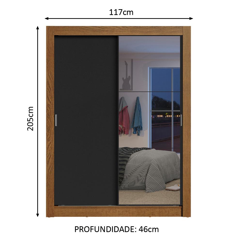 Guarda-Roupa Solteiro Madesa Dallas 2 Portas de Correr com Espelho 2 Gavetas - Rustic/Preto