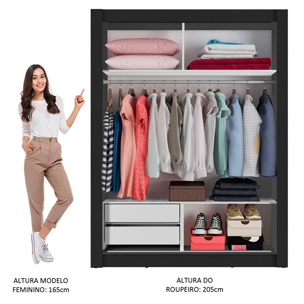 Guarda-Roupa Solteiro Madesa Dallas 2 Portas de Correr com Espelho 2 Gavetas