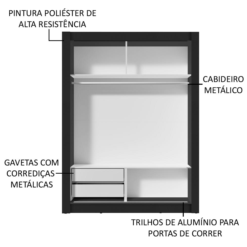 Guarda-Roupa Solteiro Madesa Dallas 2 Portas de Correr com Espelho 2 Gavetas