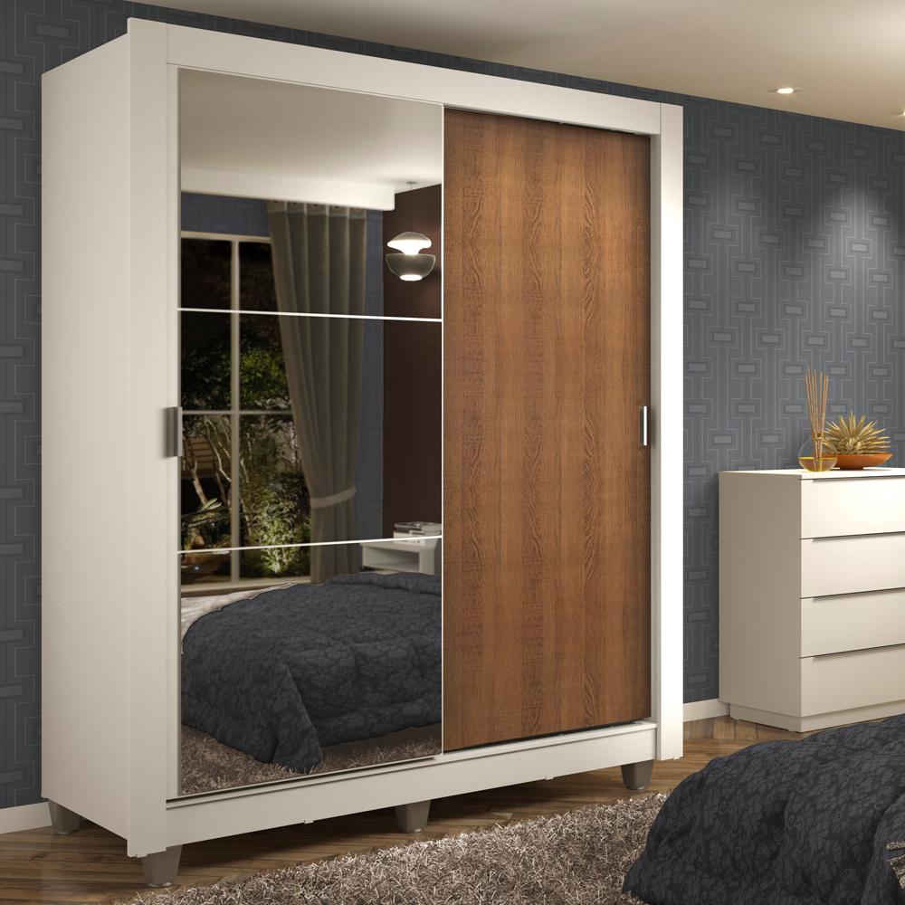 Guarda-Roupa Solteiro Madesa Dallas 2 Portas de Correr com Espelho 2 Gavetas com Pés - Branco/Rustic