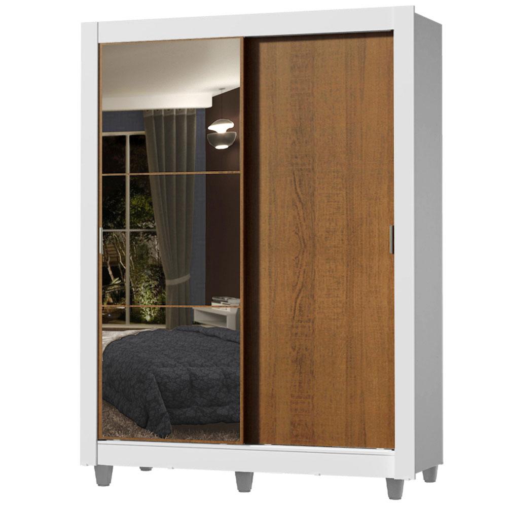 Guarda-Roupa Solteiro Madesa Dallas 2 Portas de Correr com Espelho 2 Gavetas com Pés - Branco/Rustic