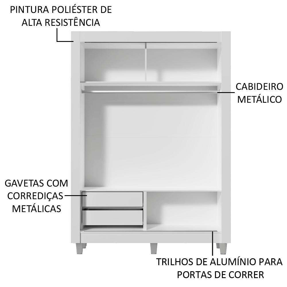 Guarda-Roupa Solteiro Madesa Dallas 2 Portas de Correr com Espelho 2 Gavetas com Pés - Branco/Rustic