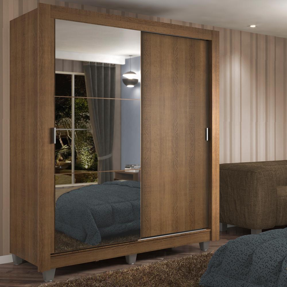 Guarda-Roupa Solteiro Madesa Dallas 2 Portas de Correr com Espelho 2 Gavetas com Pés - Rustic