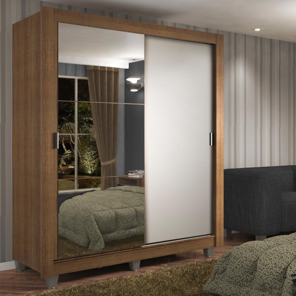 Guarda-Roupa Solteiro Madesa Dallas 2 Portas de Correr com Espelho 2 Gavetas com Pés - Rustic/Branco