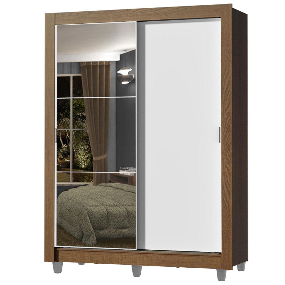 Guarda-Roupa Solteiro Madesa Dallas 2 Portas de Correr com Espelho 2 Gavetas com Pés - Rustic/Branco
